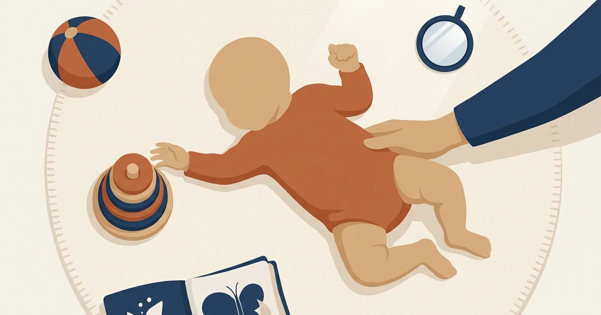 Illustration éditoriale — bébé 5 mois, éveil et motricité