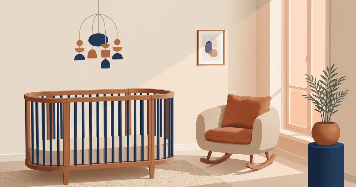 Illustration éditoriale — chambre bébé équipée, ambiance chaleureuse