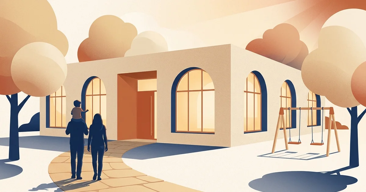 Illustration éditoriale — recherche de crèche, parent et enfant