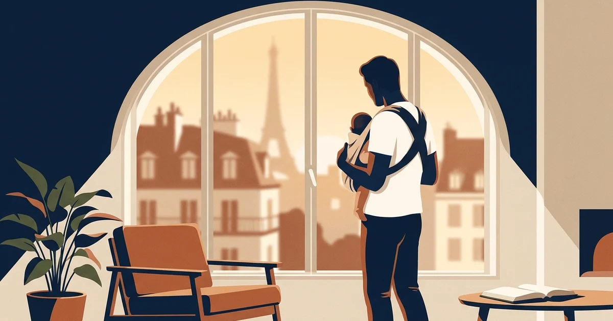 Illustration éditoriale — congé parental père, papa avec bébé à la maison