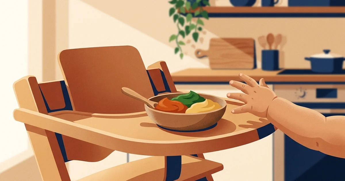 Illustration éditoriale — diversification alimentaire bébé, repas et découverte