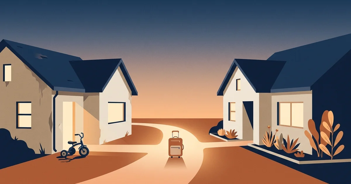 Illustration éditoriale — garde alternée, deux foyers reliés par un chemin chaleureux